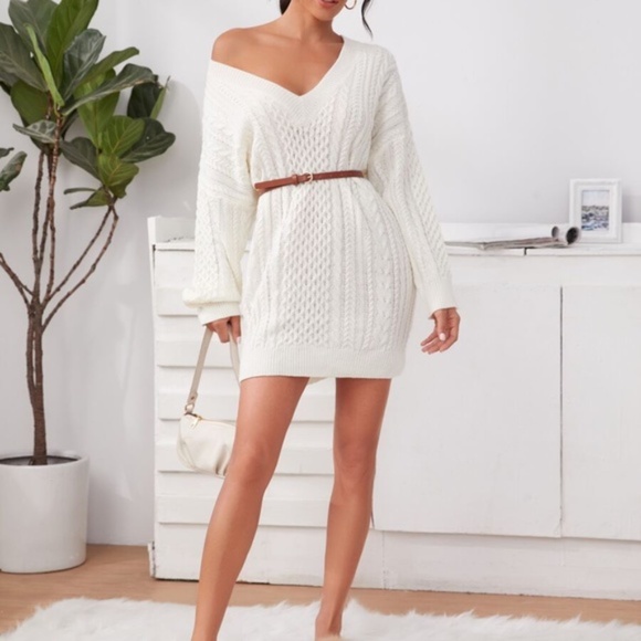 cream v neck chunky knit sweater dress fall - Picture 4 of 4